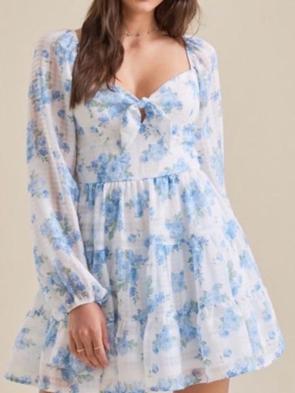 Altar'd State White and Blue Floral Tie-Front Mini Dress